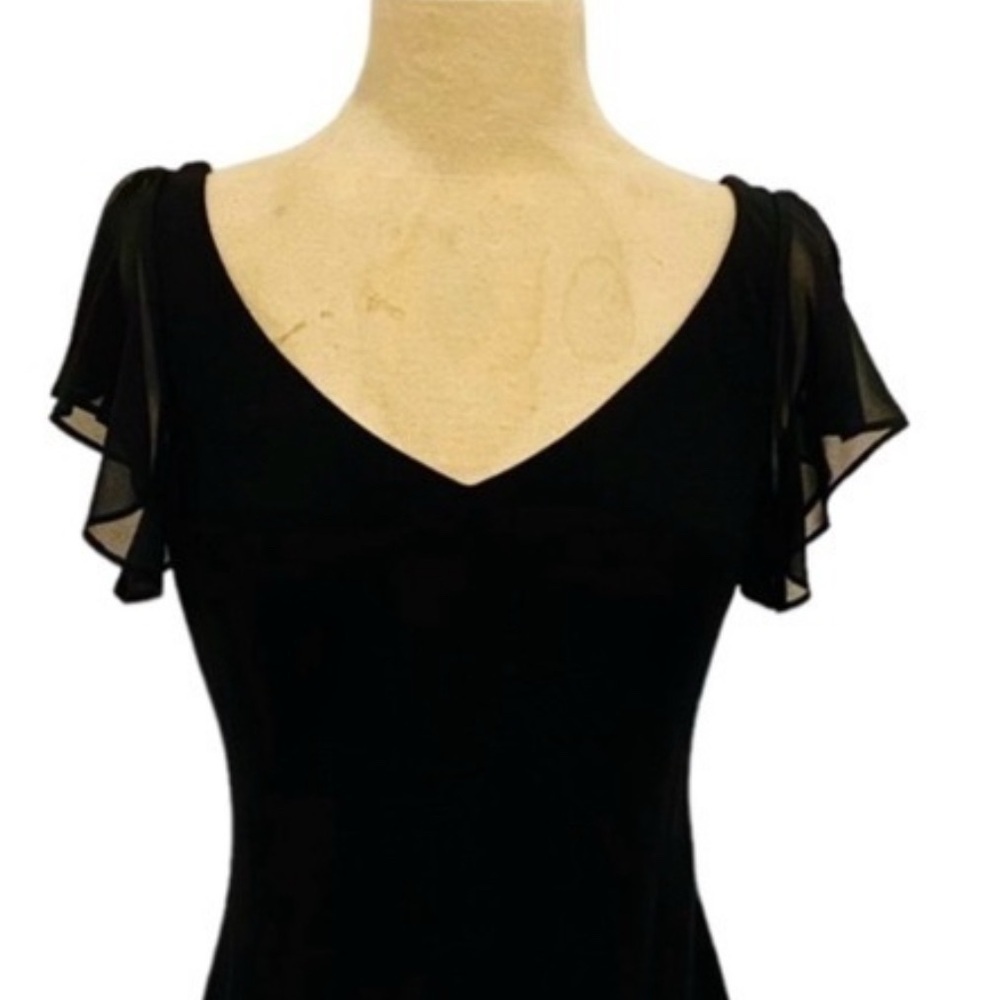 SL FASHIONS💓SZ M💓BLACK FLUTTERED SLEEVE CHIFFON DRESS W ROSE TRIM OPEN BACK - Picture 3 of 16